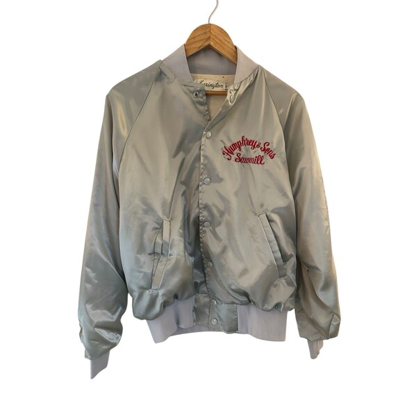Vintage Karington Satin Bomber Jacket Silver USA Humphreys Sawmill Medium - Picture 5 of 16